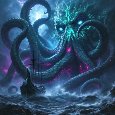 The primary subject of the image is a large, purple and green octopus with multiple tentacles. The setting is a dark, stormy sea, with the octopus looming over a small boat. The visual style is a digital art illustration, creating a dramatic and intense atmosphere. The dominant colors are purple and green, with the octopus's tentacles adding a contrasting pink hue.
